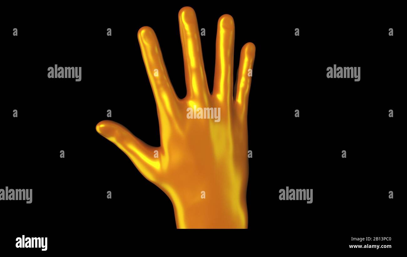 3D-Darstellung der Demonstration der goldenen Palme von Midas auf dunklem Hintergrund. Optimierte Pinselform auf dem Bildschirm, computergeneriert Stockfoto