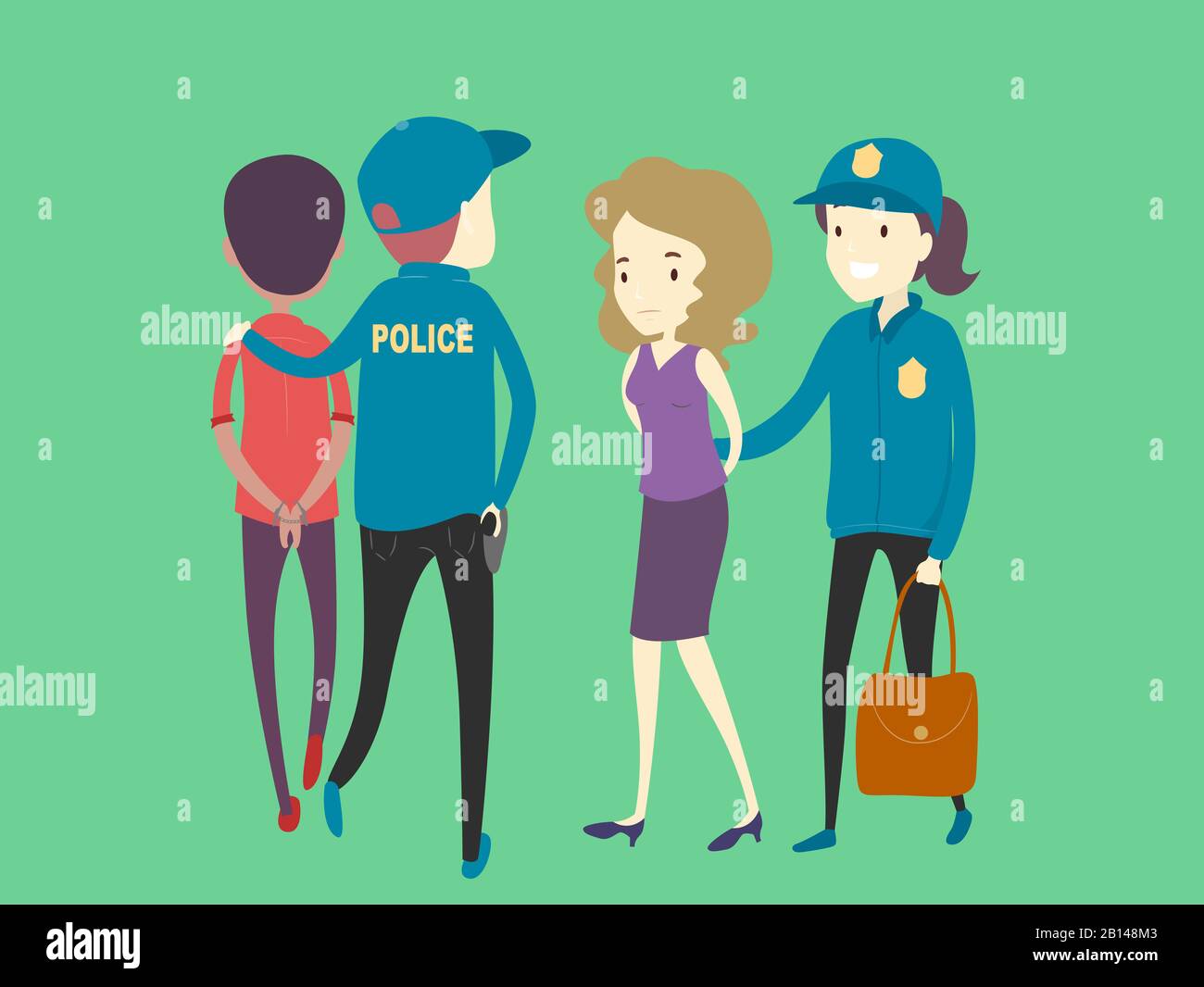Abbildung: Männer und Frauen Bundesagenten, die Kriminelle in Handschellen halten Stockfoto
