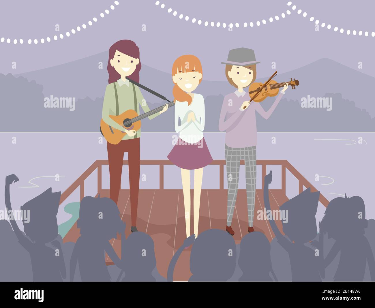 Illustration von Frauengesang und Mann, Der Gitarre und Violine Spielt, Die auf der Lakeside Vor Einem Publikum Auftreten Stockfoto