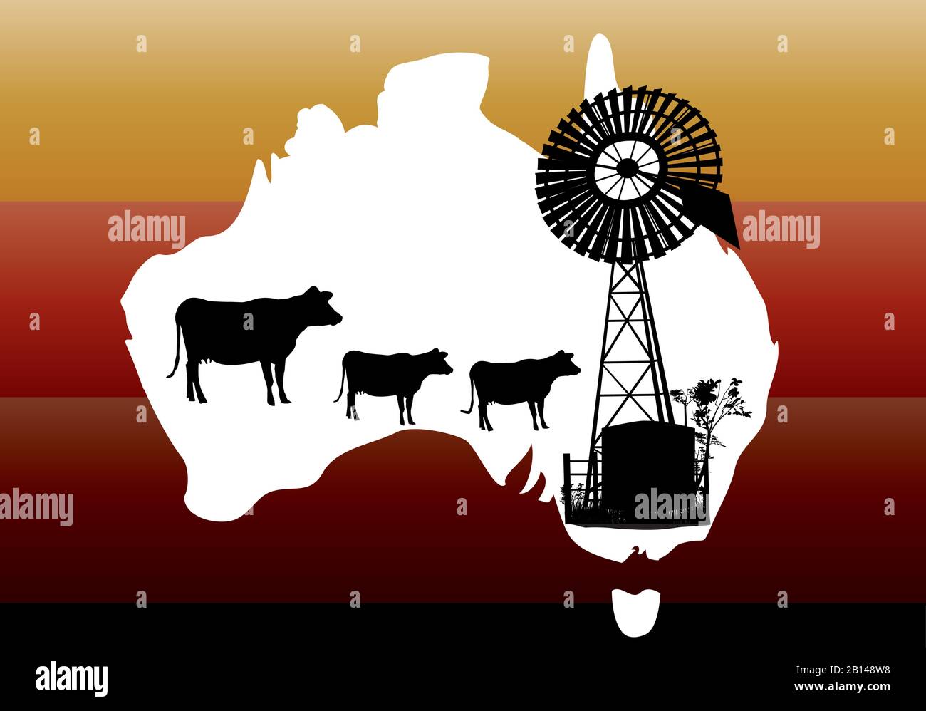 Eine weiße Karte Australiens mit Kühen und Windmühlensilhouette mit orangefarbenem und gelbem Hintergrund Stock Vektor