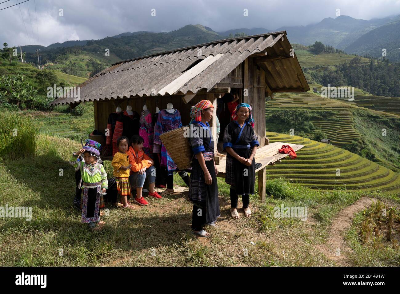Reisernte in Vietnam, verschiedene Menschen in traditioneller Kleidung Stockfoto