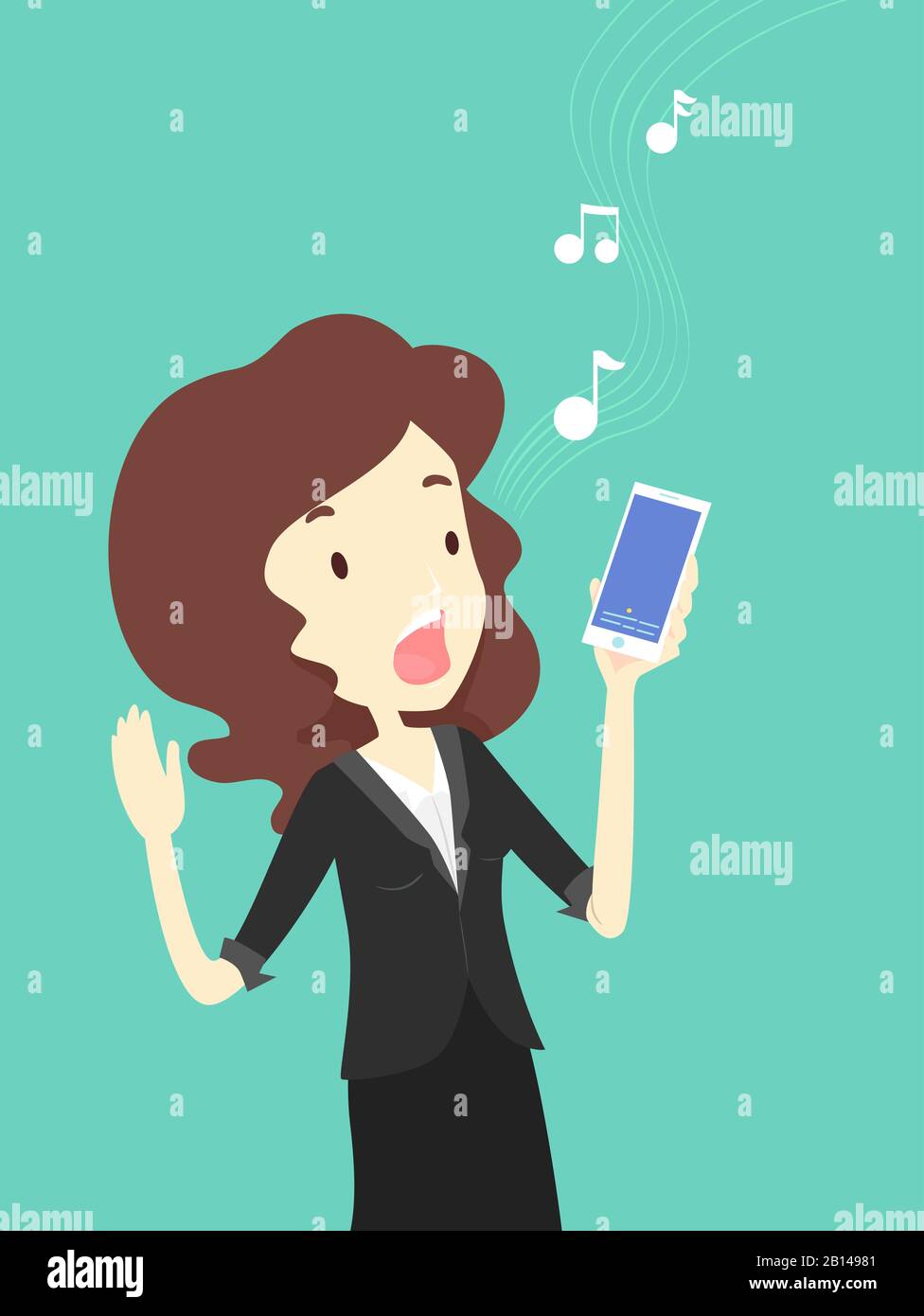 Abbildung: Ein Mädchen Singt und Verwendet eine mobile Karaoke App mit Music Notes Stockfoto
