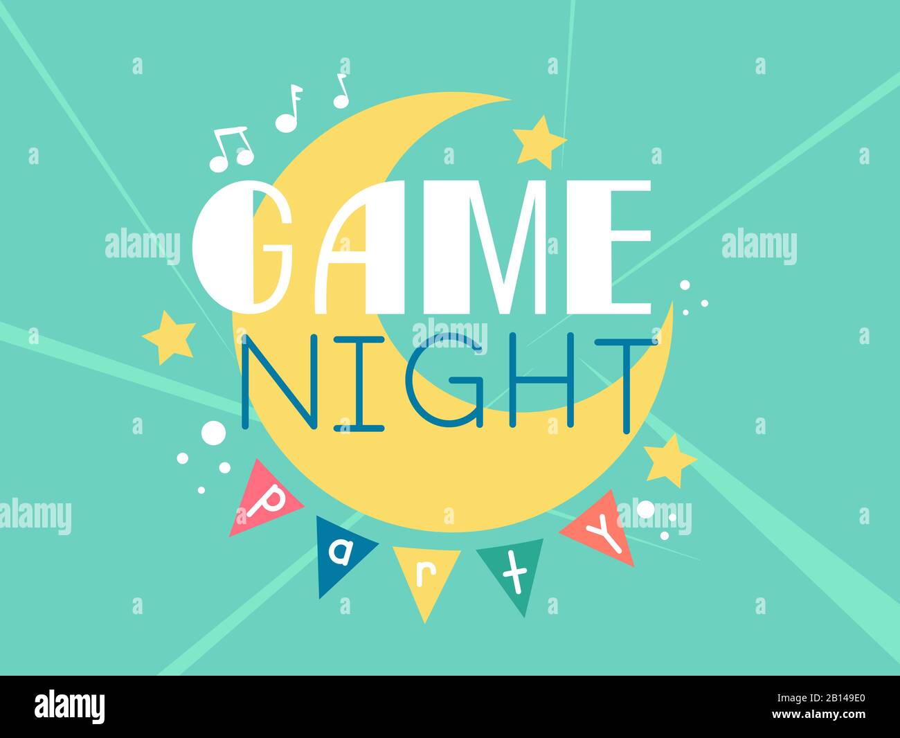 Abbildung: Game Night Party Design mit Moon, Stars und Musiknotizen Stockfoto