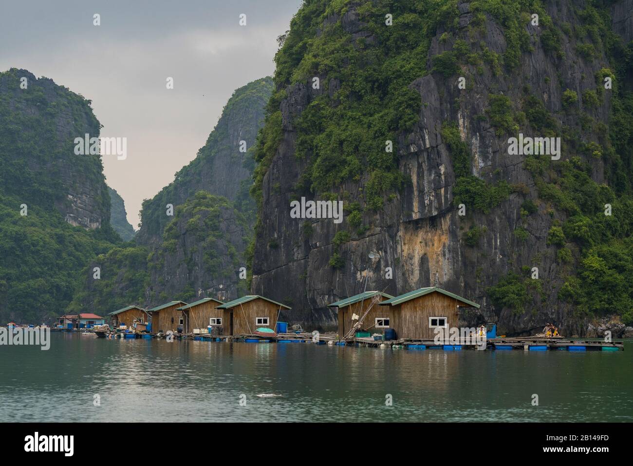 Bootsausflug zu den schwimmenden Dörfern (überflutete Dörfer) in der Halong Bay, Vietnam Stockfoto