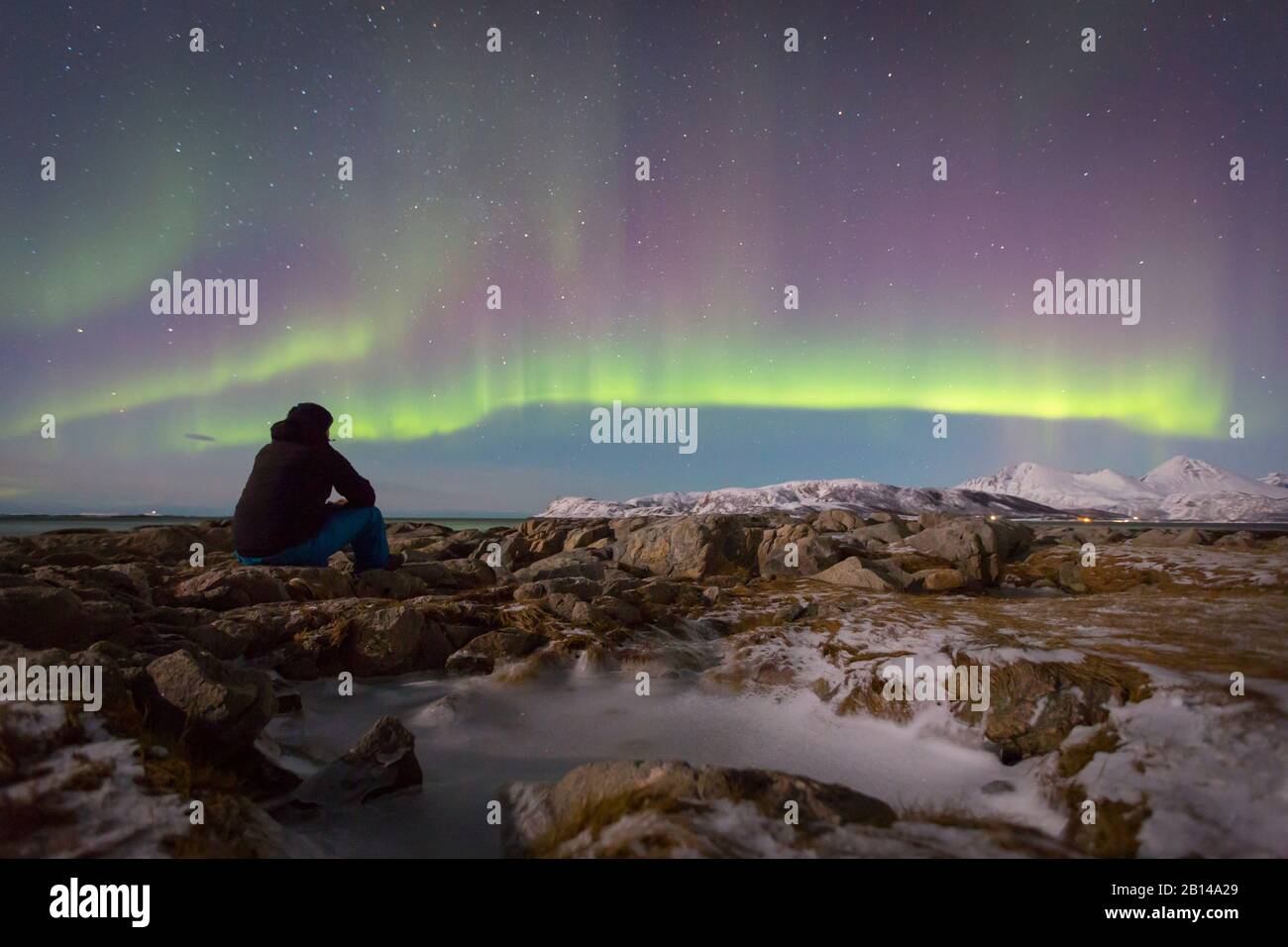 Lofoten Norwegen Polarlichter im Februar Winter Winterlandschaft Aurora Borealis Stockfoto