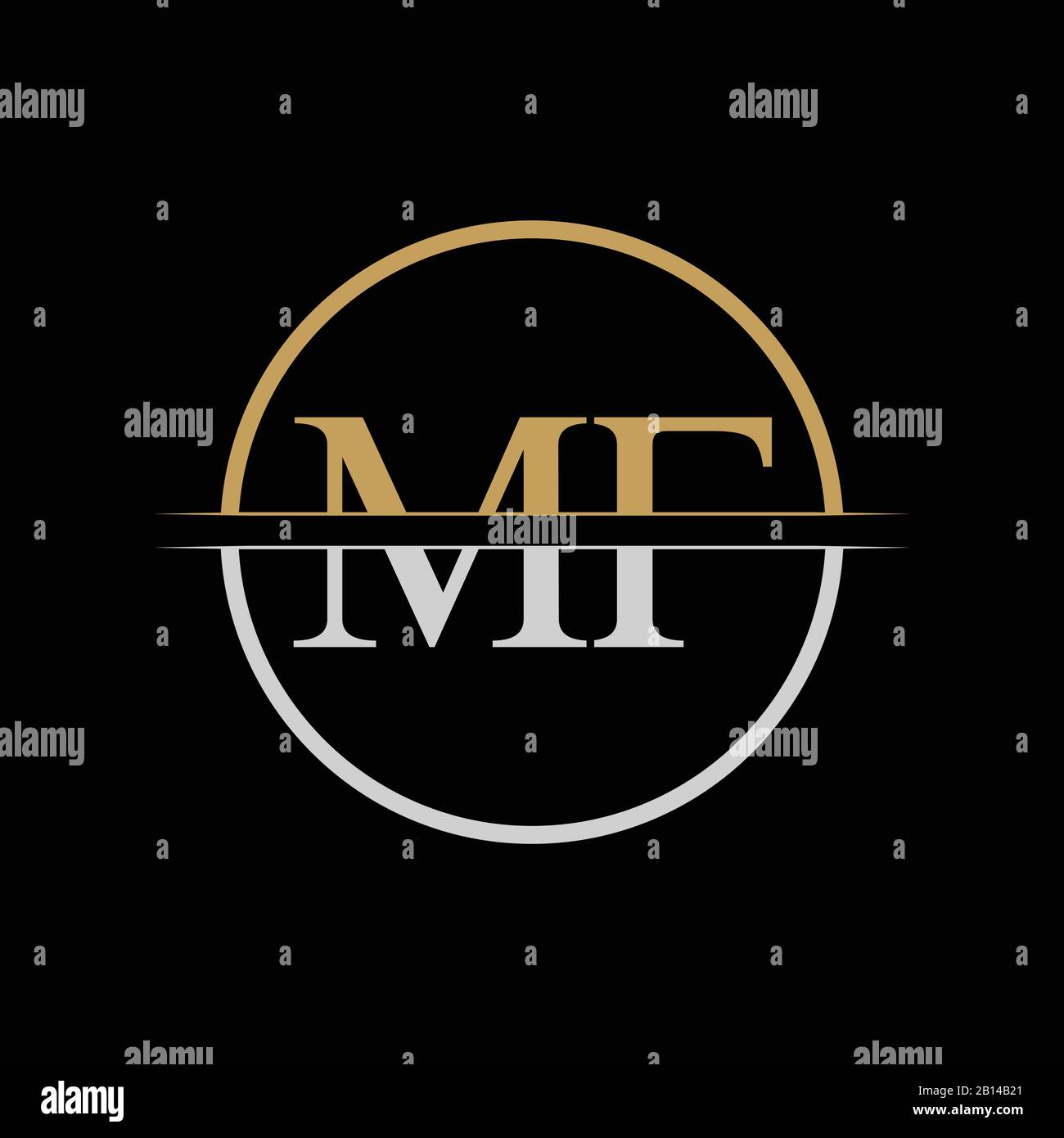 Vektor-Vorlage für das erste MF-Buchstaben-Logo. MF-Logo mit goldenem und silberfarbenem Buchstaben Stock Vektor