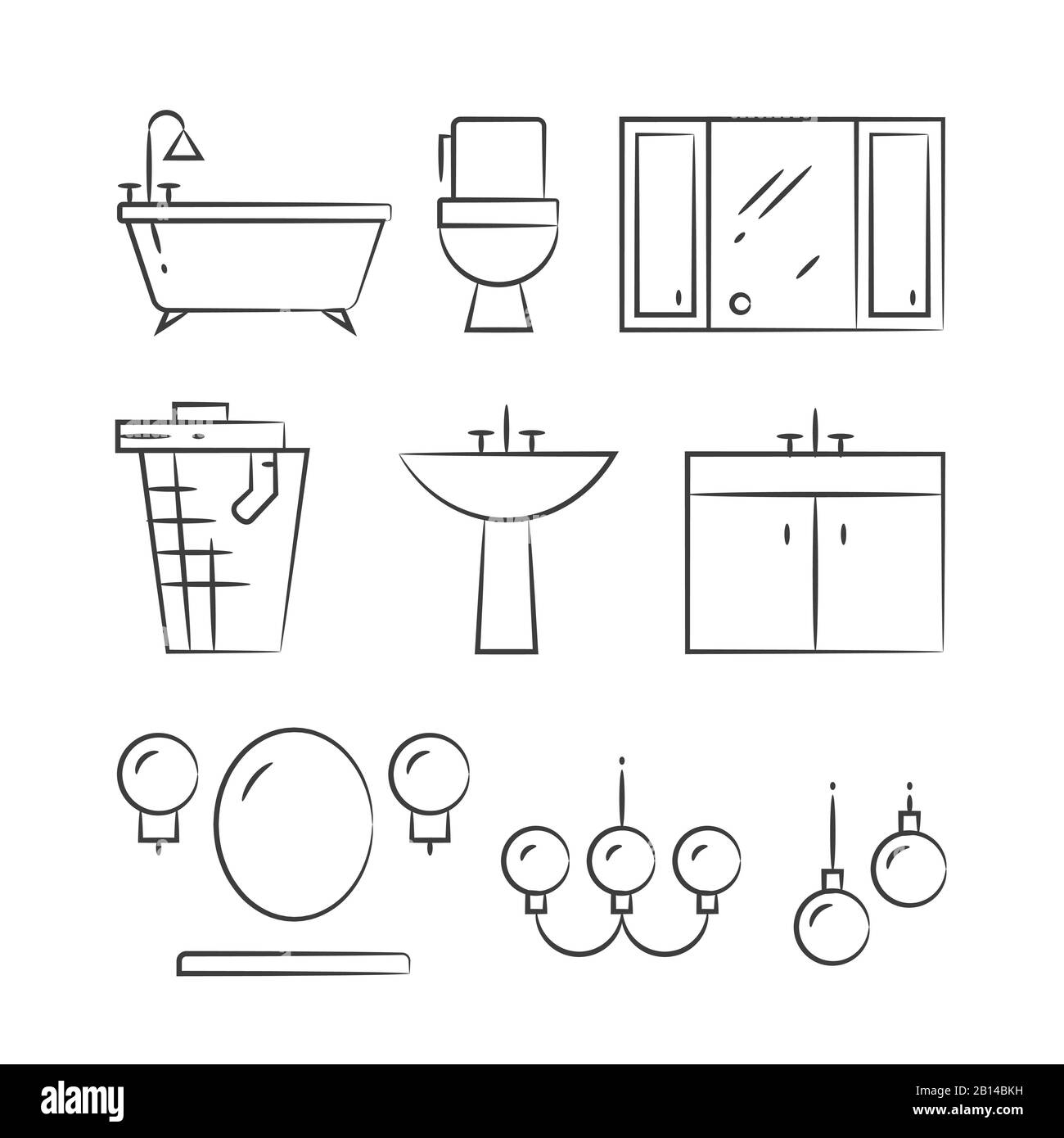 Badezimmermöbel und Beleuchtung handgezeichnete Liniensymbole. Dusche und Bad, Vektorgrafiken Stock Vektor