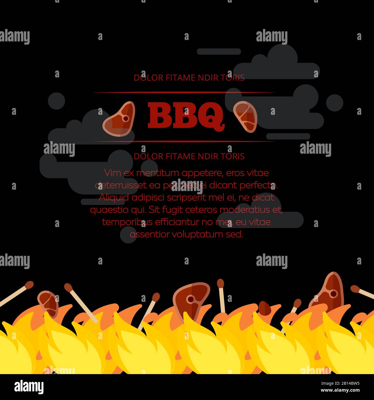BBQ Party Poster Design mit Feuer und Fleisch. Banner mit Grilldesign. Vektorgrafiken Stock Vektor