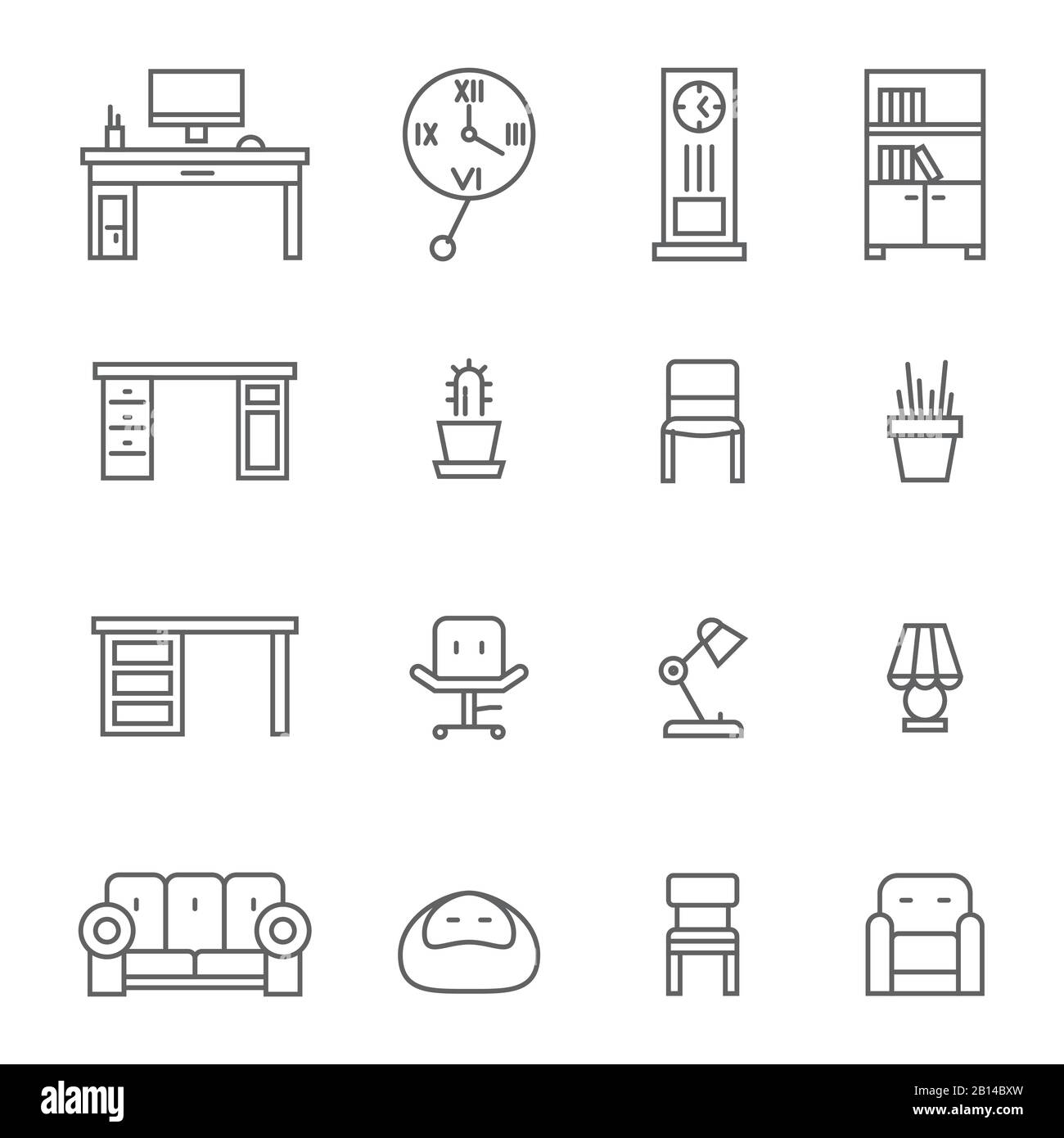 Arbeitszimmermöbel und Accessoires dünne Linien-Ikonen. Sammlung von linearen Möbeln. Vektorgrafiken Stock Vektor