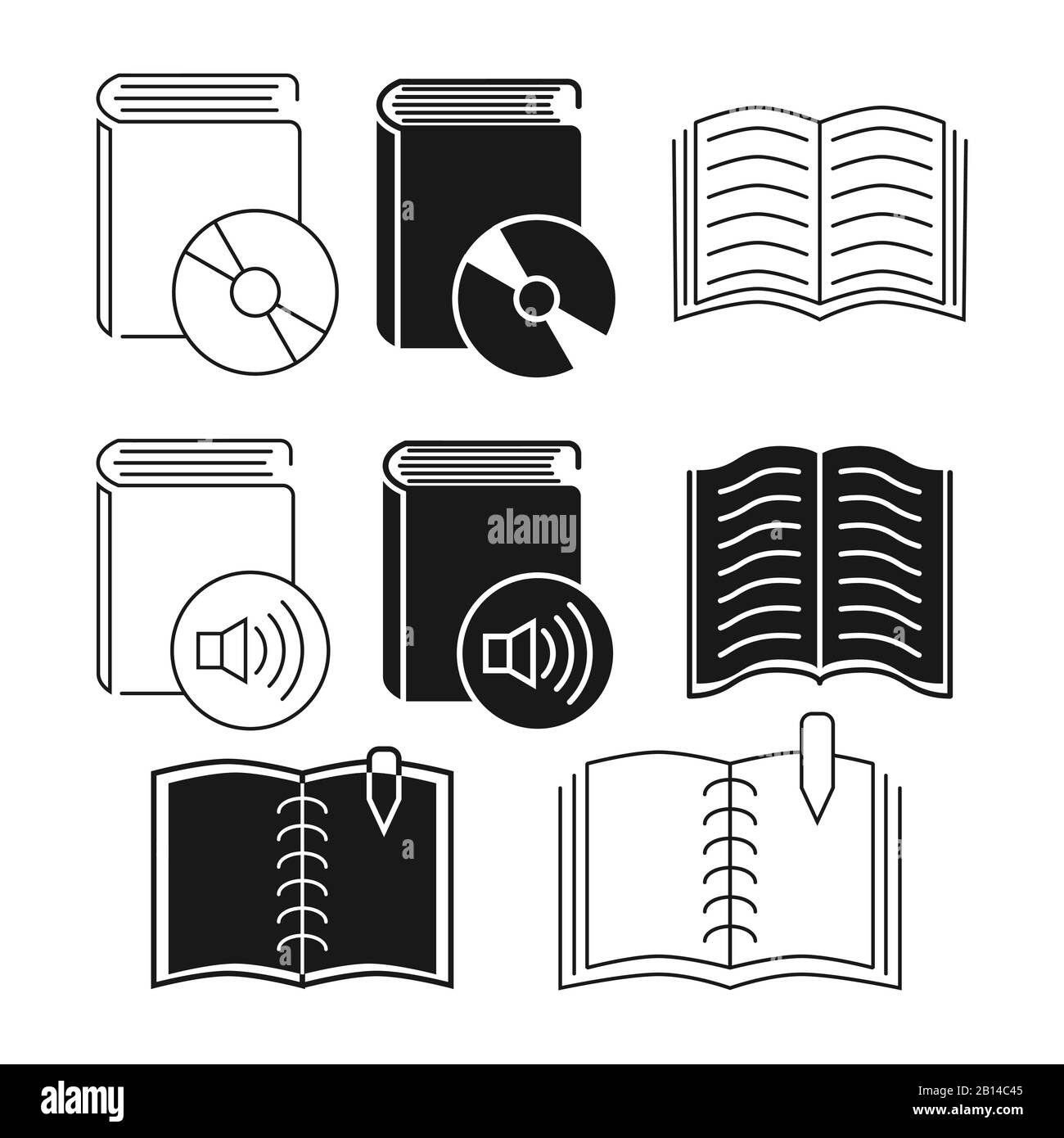 Sammlung von Symbolen für dünne Linien und Umrisse. Zeichen für digitales Buch. Vektorgrafiken Stock Vektor