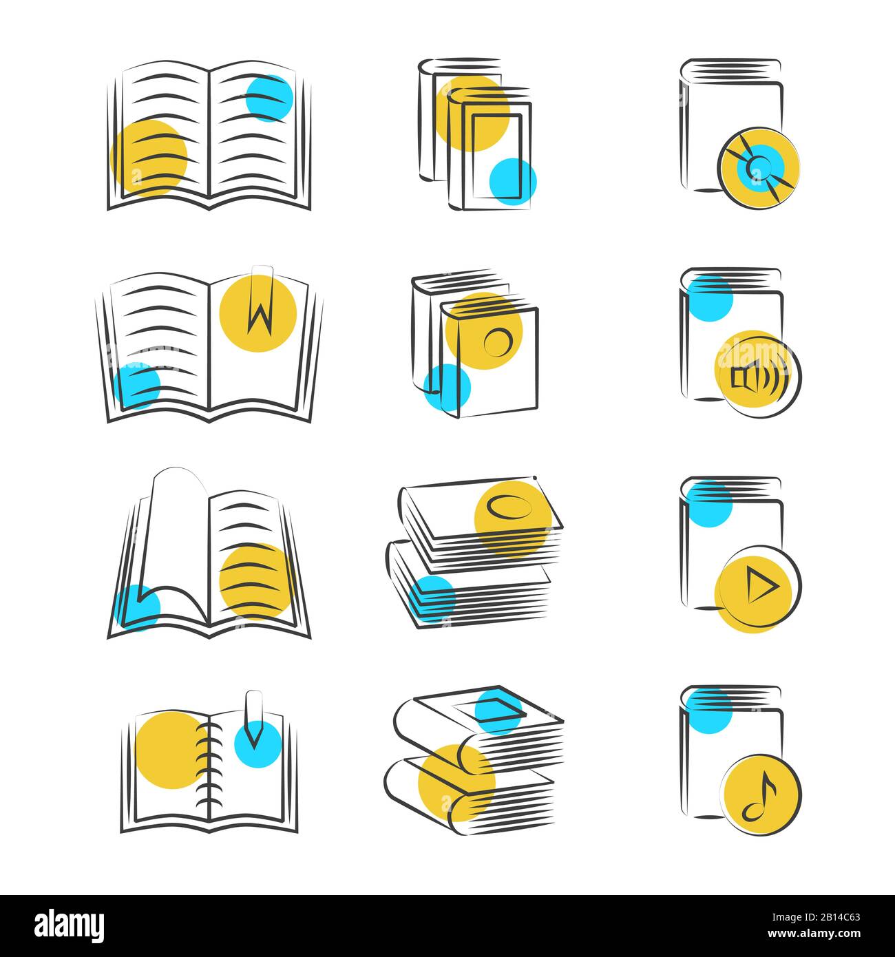 Handgezeichnete Linienbuchsymbole auf weißem Hintergrund. Skizzenzeichnungen. Vektorgrafiken Stock Vektor