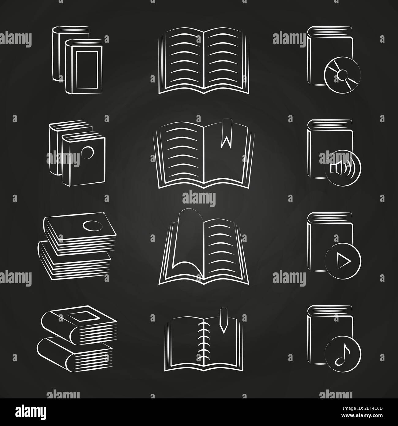 Handgezeichnete Bücher Symbole auf dem Design des Schwarzen Bretts. Skizze auf Tafel. Vektorgrafiken Stock Vektor