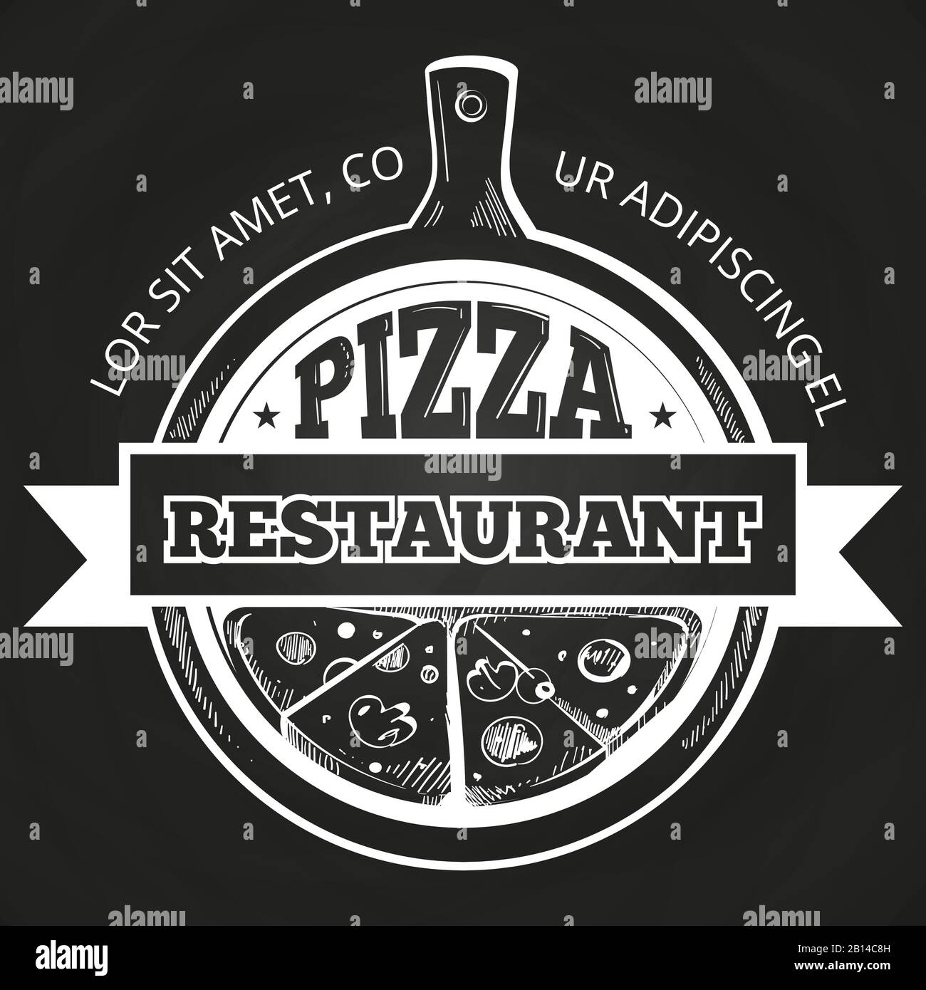 Handgezeichnetes Pizzeria-Etikett auf dem Schwarzen Brett. Banner zur Pizzeria. Vektorgrafiken Stock Vektor