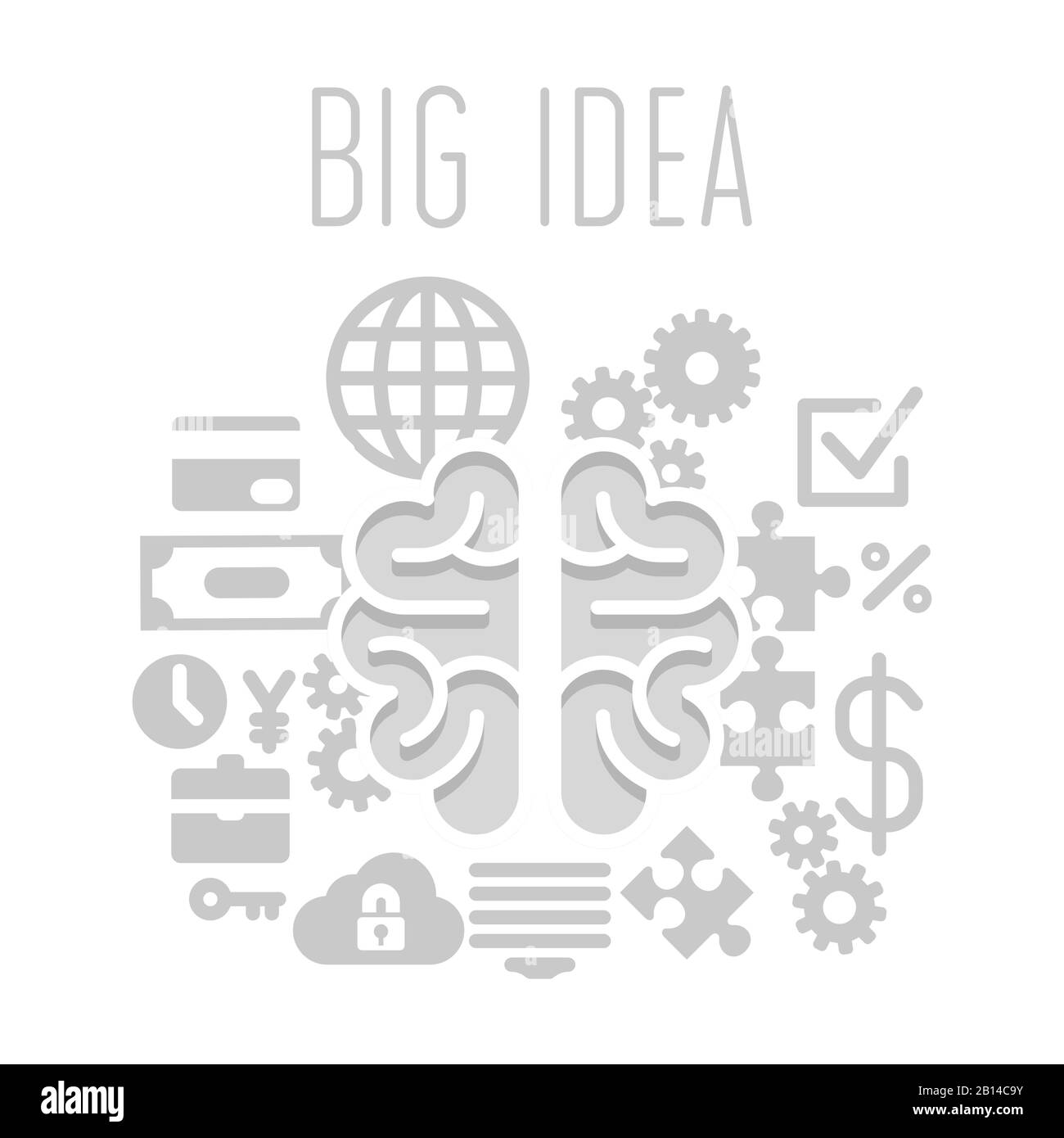 Großes Ideenkonzept mit Gehirn auf weißem Hintergrund. Vektorgrafiken Stock Vektor