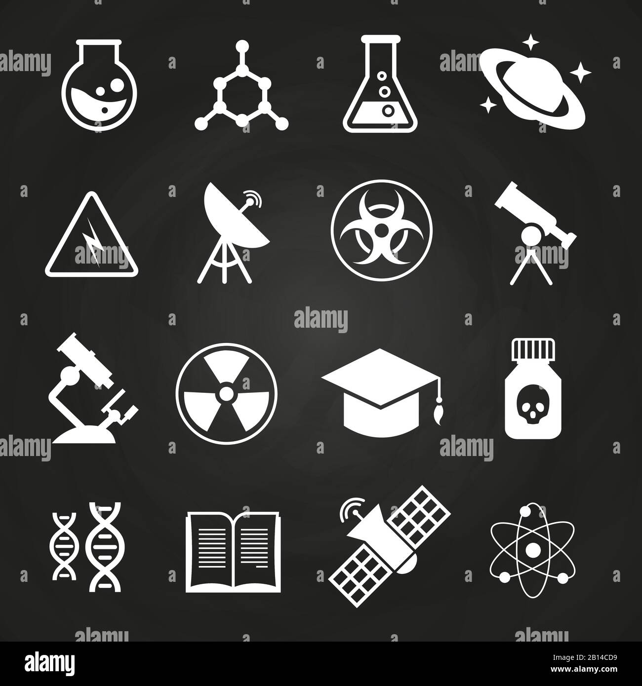 Weiße wissenschaftliche Vektorsymbole auf dem Schwarzen Brett. Abbildung der Symbole in der Bildungsschule Stock Vektor