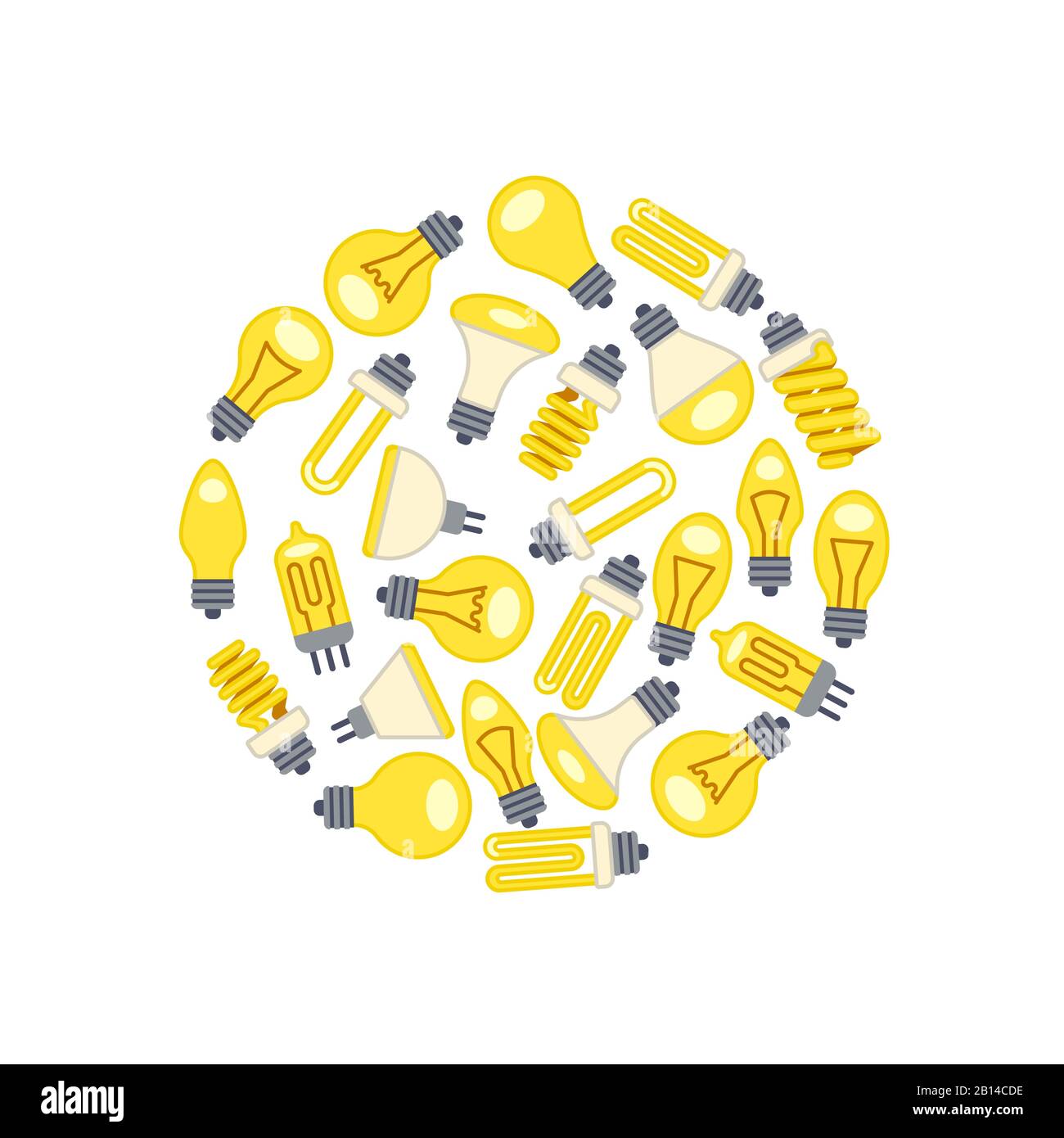 Gelbe Glühbirnen, Symbole im Kreis auf weißem Hintergrund. Vektorgrafiken Stock Vektor