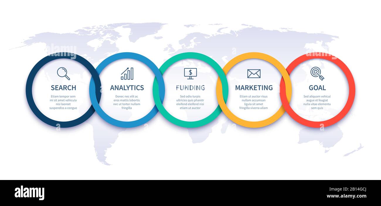 Diagramm der globalen Geschäftsschritte. Infografiken der Strategie, weltweiter Startplan und Infografik zu Schrittkettenvektoren Stock Vektor