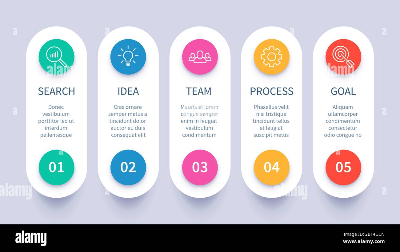 Infografik Prozessschritte. Business Strategy Layout, Workflow Timeline und Startplan Diagramm Vektor Präsentation Vorlage Stock Vektor