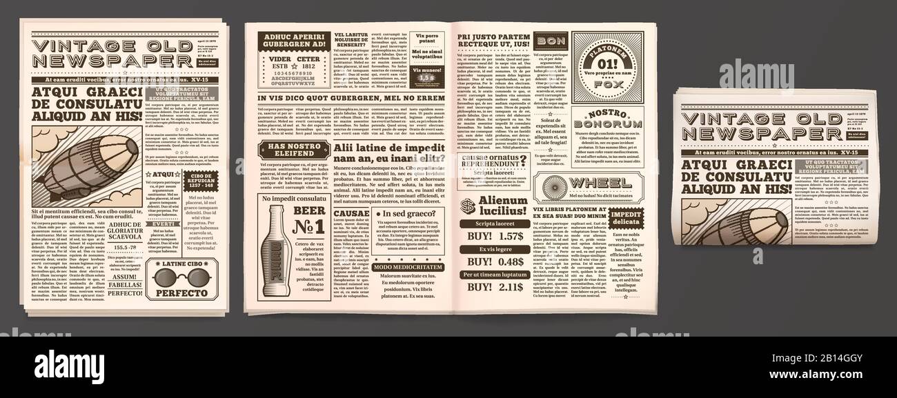 Vintage Zeitung Mockup. Retro Zeitungsdruckseiten, Tabloid-Magazin und alte Nachrichten isolierte 3D-Vektorvorlage Stock Vektor