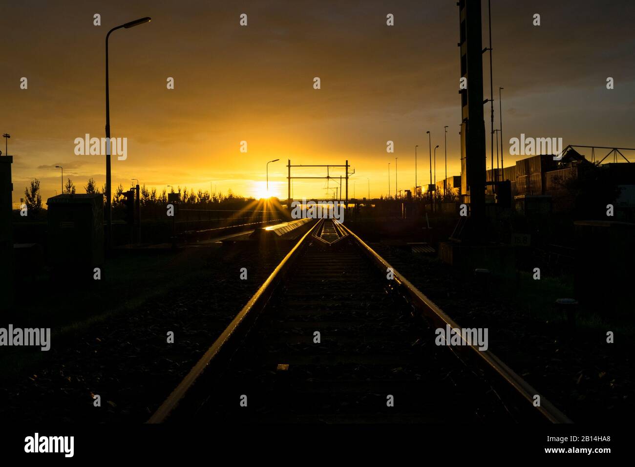 Bahntrasse verschwindet bei Sonnenaufgang in der Ferne. Sonnenlicht wird in Schienen der Eisenbahn reflektiert. Stockfoto