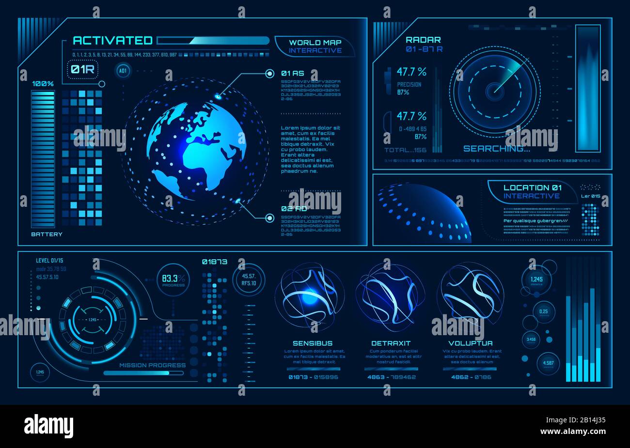 Futuristische hud-Schnittstelle. Infografik zur Benutzeroberfläche des zukünftigen Hologramms, interaktive Hintergrunddarstellung des Bildschirms "Globus" und "Cyber Sky FI" Stock Vektor