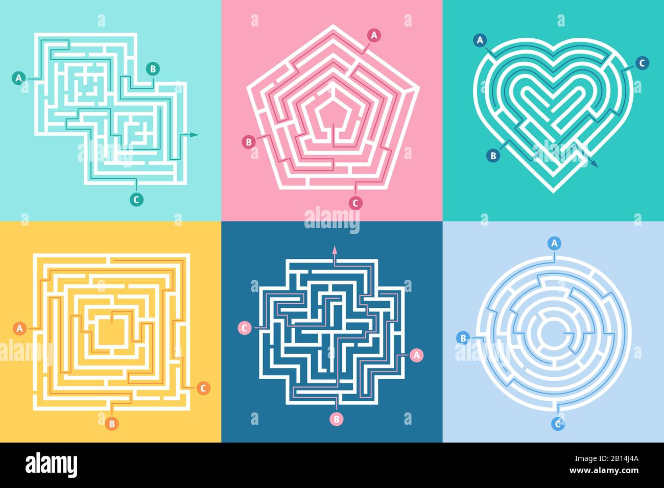 Labyrintheingang. Finden Sie den richtigen Weg, Kinder Labyrinthspiel und Auswahllabyrinth Eingänge Buchstaben Vektor Illustration Set Stock Vektor