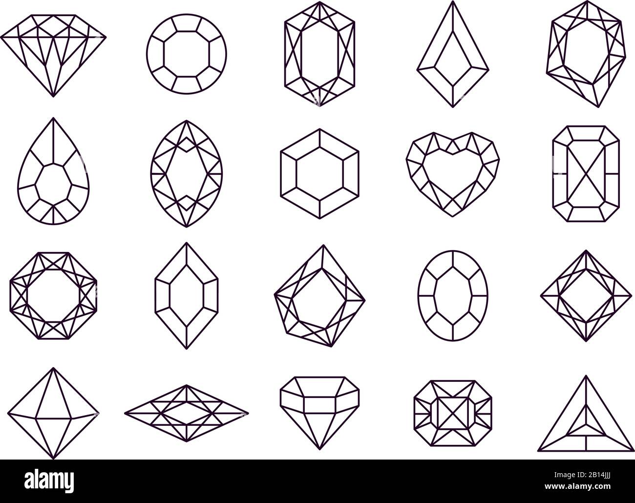 Juwelen Diamantsymbole. Rauten Edelsteine, luxuriöse Schmucksteine und wertvolle Schmucksteine, isolierte Vektorlinien, Ikone Stock Vektor