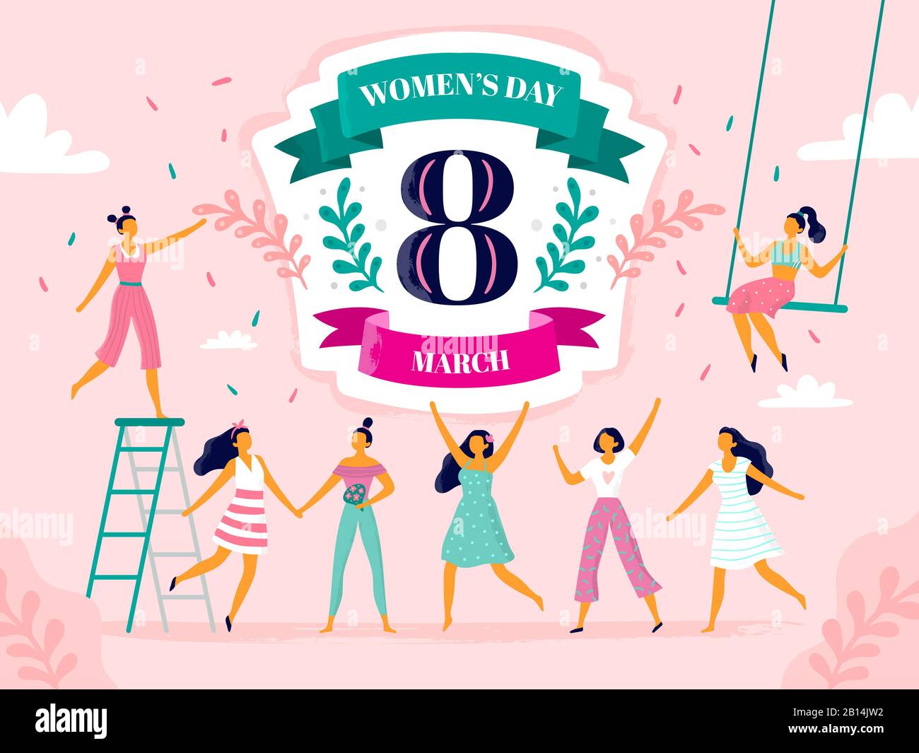 Wir feiern den Tag der Frauen. achtmarch-feier, fröhliche lachende Frau und internationale weibliche Urlaubsvektor Flachdarstellung Stock Vektor