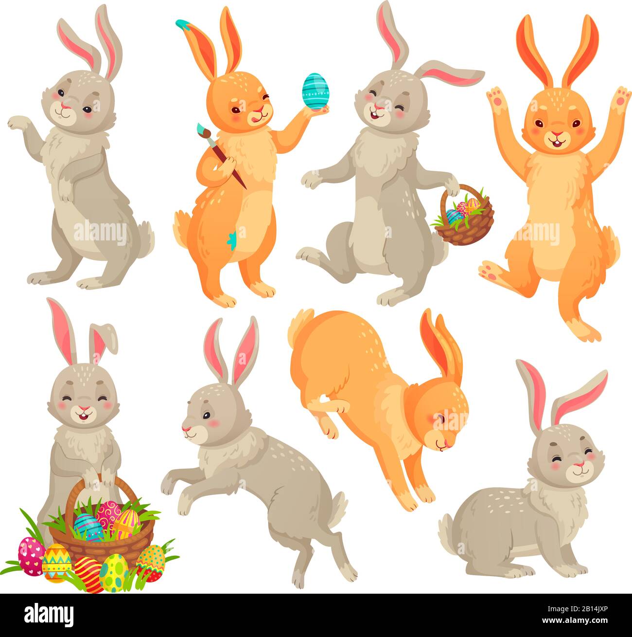 Osterhase. Hüpfendes Kaninchen, tanzende lustige Hasen Tiere und Kaninchen Easter Eier Vektor Cartoon Illustration Set Stock Vektor