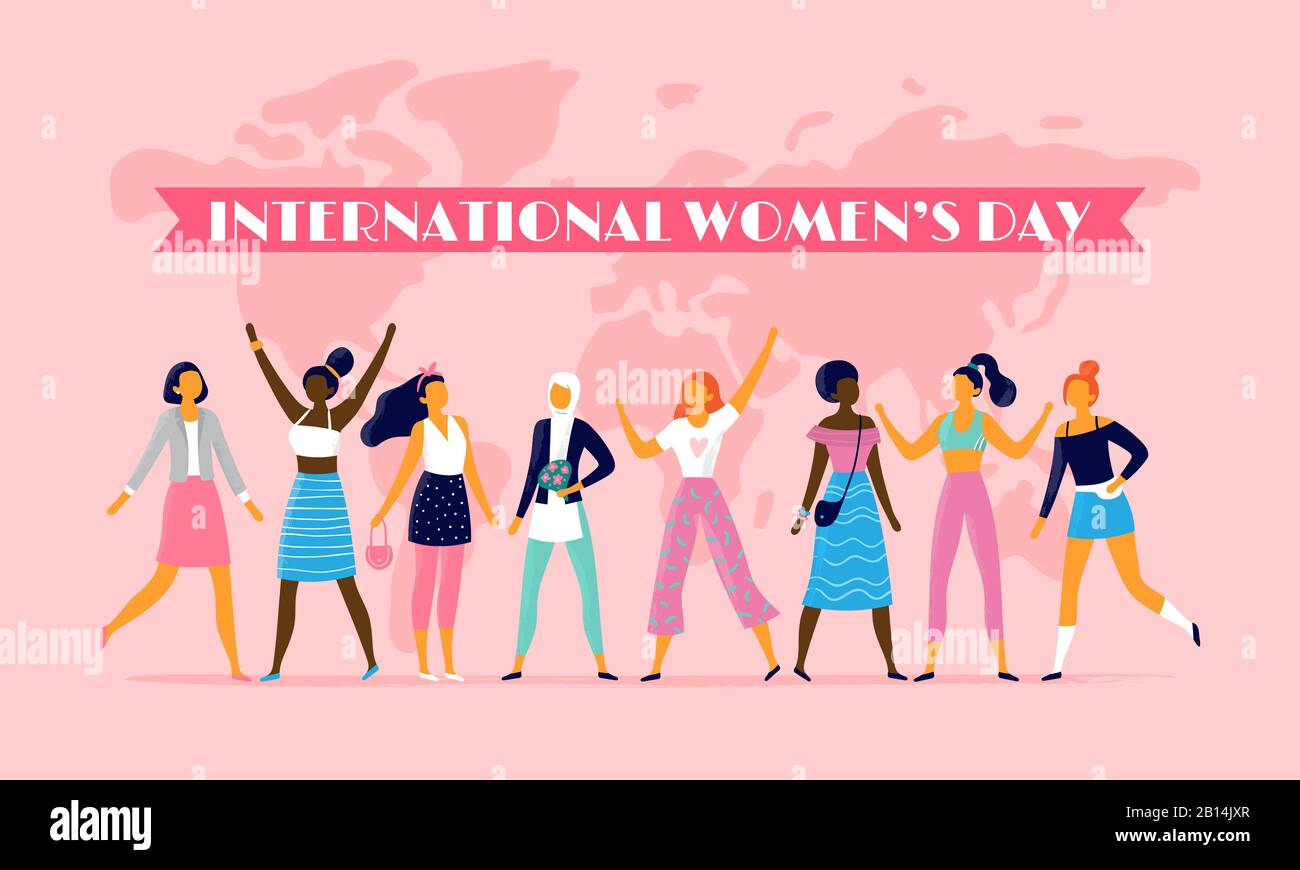 Internationaler Tag der Frauen. Anlässlich des 8. märz werden Sisterhood Community und multinationale weibliche Menschen als flache Illustration dargestellt Stock Vektor