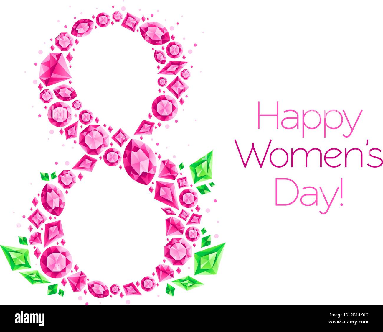 Grußkarte für Damen mit Tagesschmuck. 8. März leuchtende Diamanten, Schmucksteine und Schmucksteine Diamantgesteine Vektorgrafiken Stock Vektor