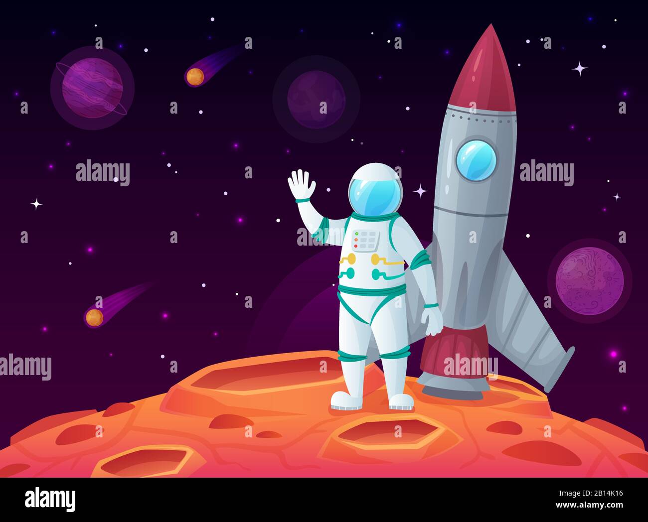 Astronaut in der Mondoberfläche. Raketenraumschiff, Weltraumplanet und Oberraumreise-Raumschiff-Vektor-Cartoon-Illustration Stock Vektor