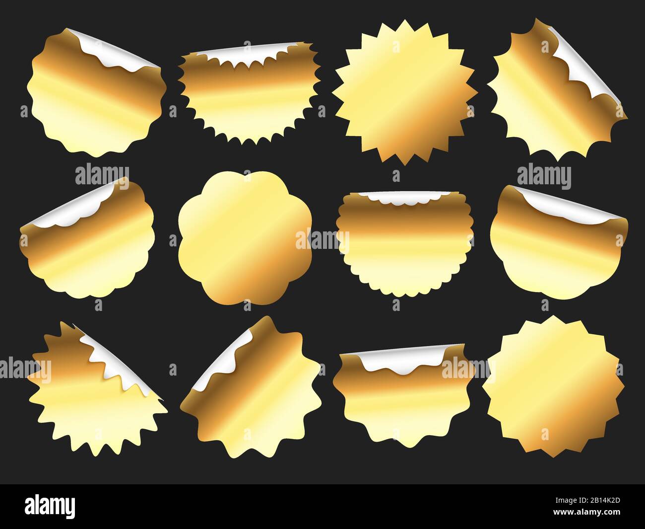 Goldene Aufkleber. Goldenes Verkaufsetikett, Aufkleber mit Klebeband und Vektorset mit hochwertigen Aufklebern Stock Vektor