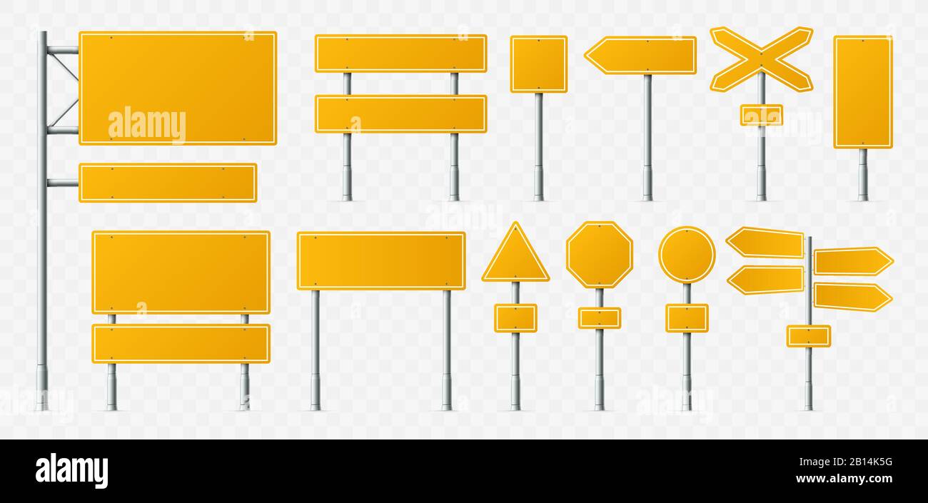 Gelbes Straßenschild. Leere Straßenschilder, Transport-Fahrkarten und Hinweisschilder auf Metallständer realistische Vektorgrafik-Sets Stock Vektor