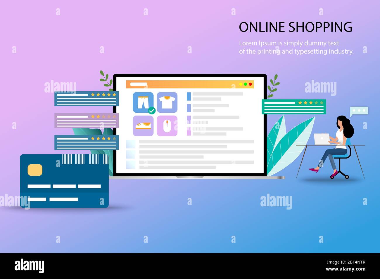 Das Konzept des Online-Einkaufs, eine Frau sitzt in der Nähe einer großen Kreditkarte und Laptop, die Liste der Produkte, Beschreibung, Kundenbewertung und Bewertungen enthält. Stock Vektor