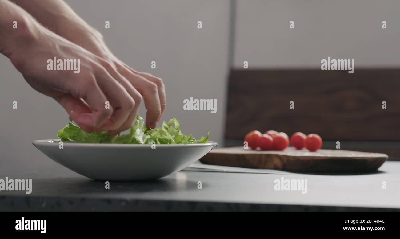 Geben Sie Frisee-Salatblätter in die weiße Schüssel, ein breites Foto Stockfoto