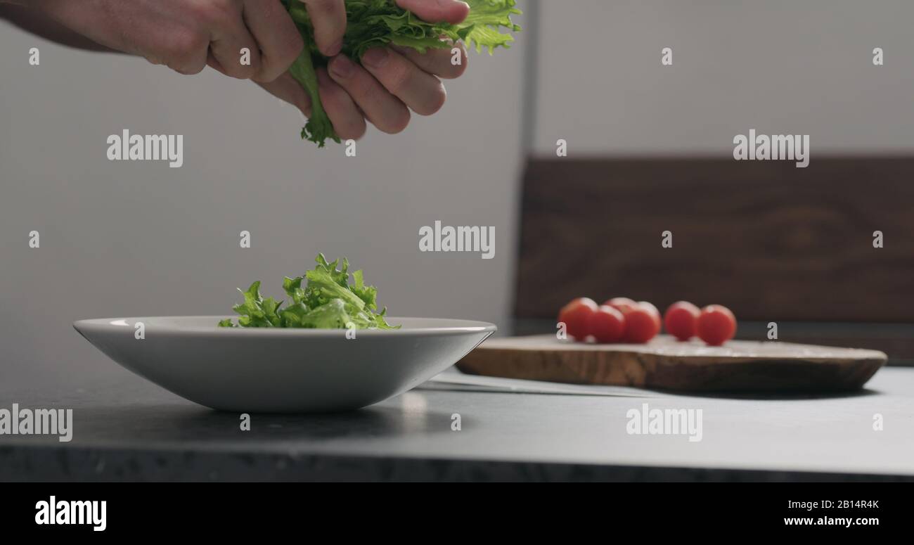 Geben Sie Frisee-Salatblätter in die weiße Schüssel, ein breites Foto Stockfoto
