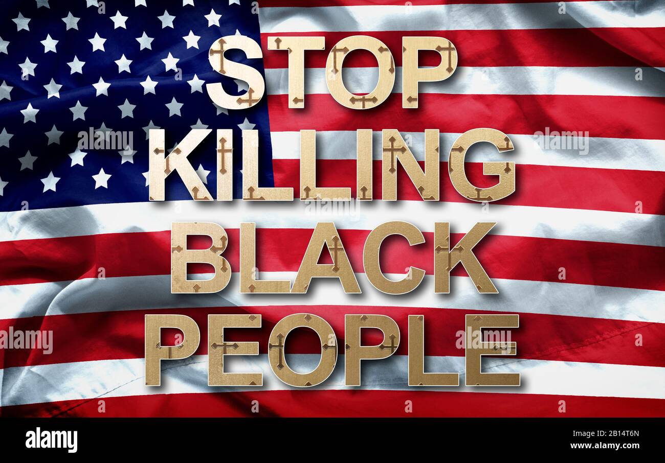 Hört auf, schwarze Menschen zu töten, Slogan auf amerikanischem Flaggenhintergrund Stockfoto
