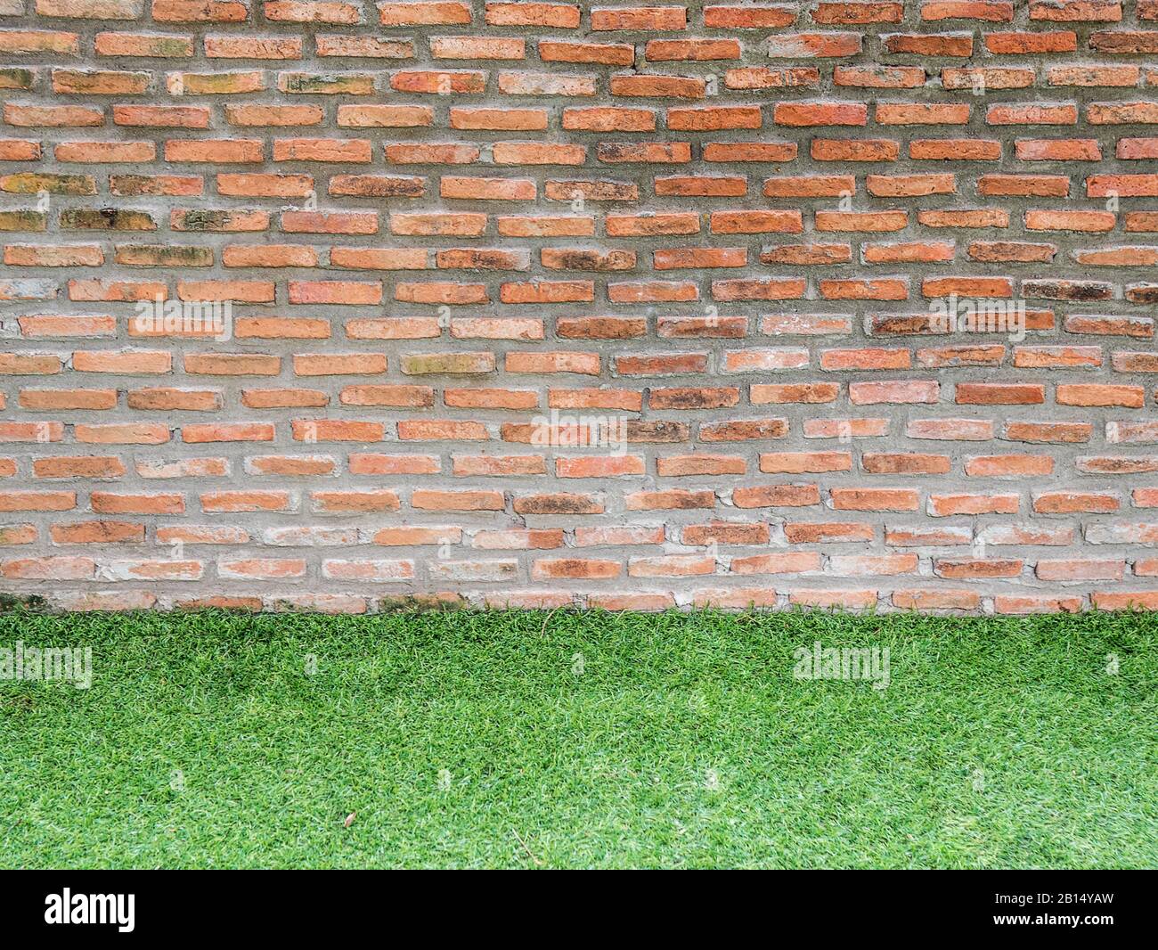 Ziegelwand und grünes Gras für Hintergrund mit Kopierraum Stockfoto