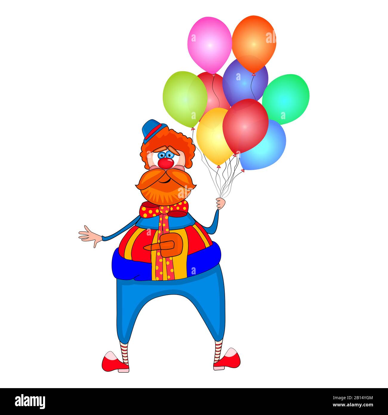 Clown mit bunten Ballons isoliert auf weißem Hintergrund. Tag der roten Nase. Zirkusclown Cartoon-Charakter. April schäumt Tag mit Jester. Bestandsvektor Stock Vektor