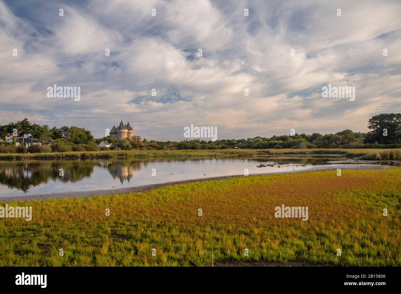 Lagune, Burg und Saltmarschen in Suscinio, Bretagne, Frankreich. Stockfoto