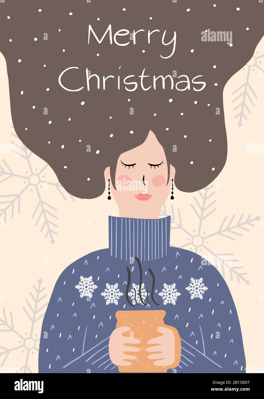 Winter frohe weihnachten Retro Illustration. Träumende Frau mit einer heißen Tasse Tee oder Kaffee. Urlaubsgefühl. Cartoon-Vektor-Illustration. Stock Vektor