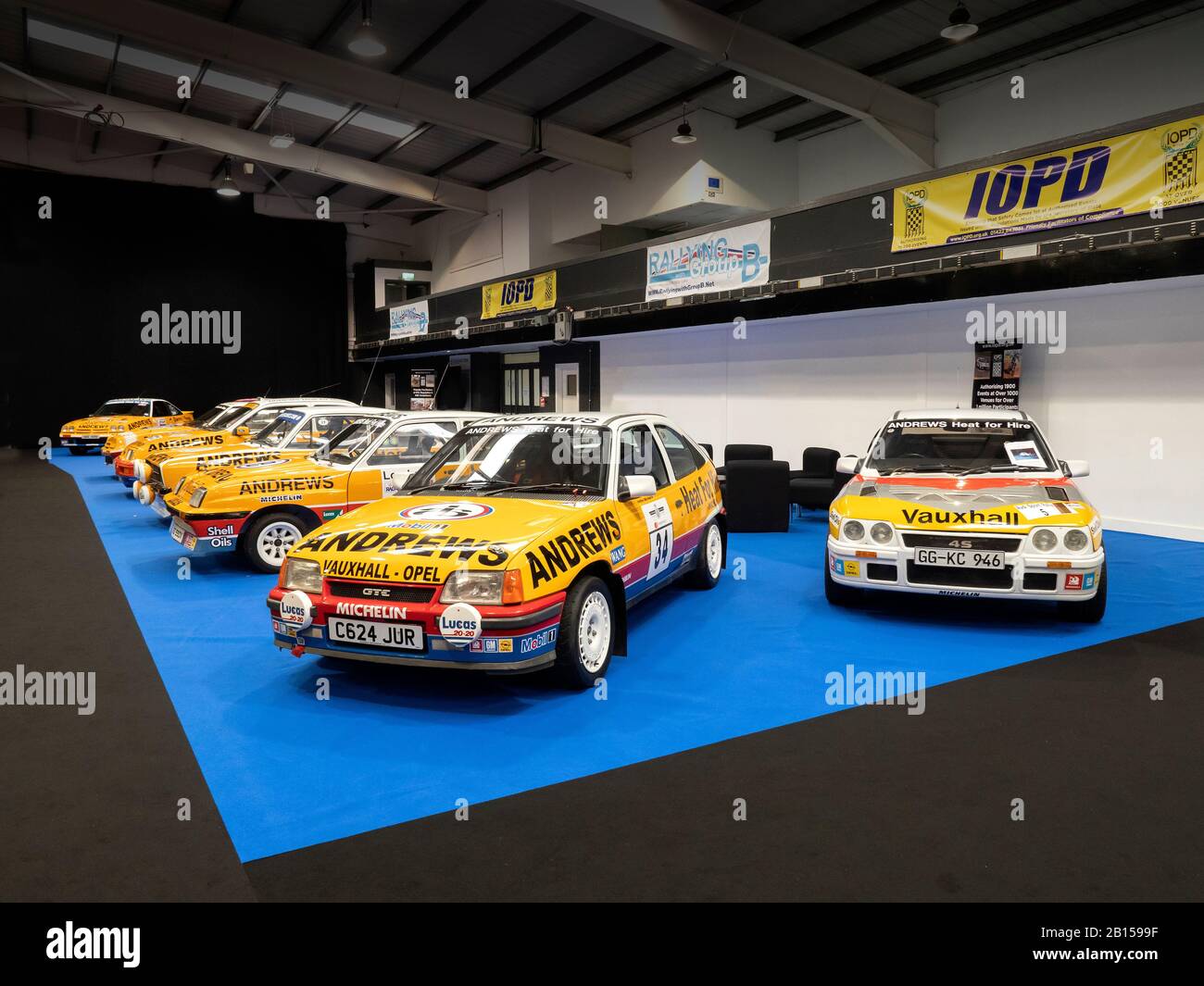 Race Retro Motorsport Show Stoneleigh Park Warwickshire UK. Rallye-Rennwagen-Etappe. Stockfoto