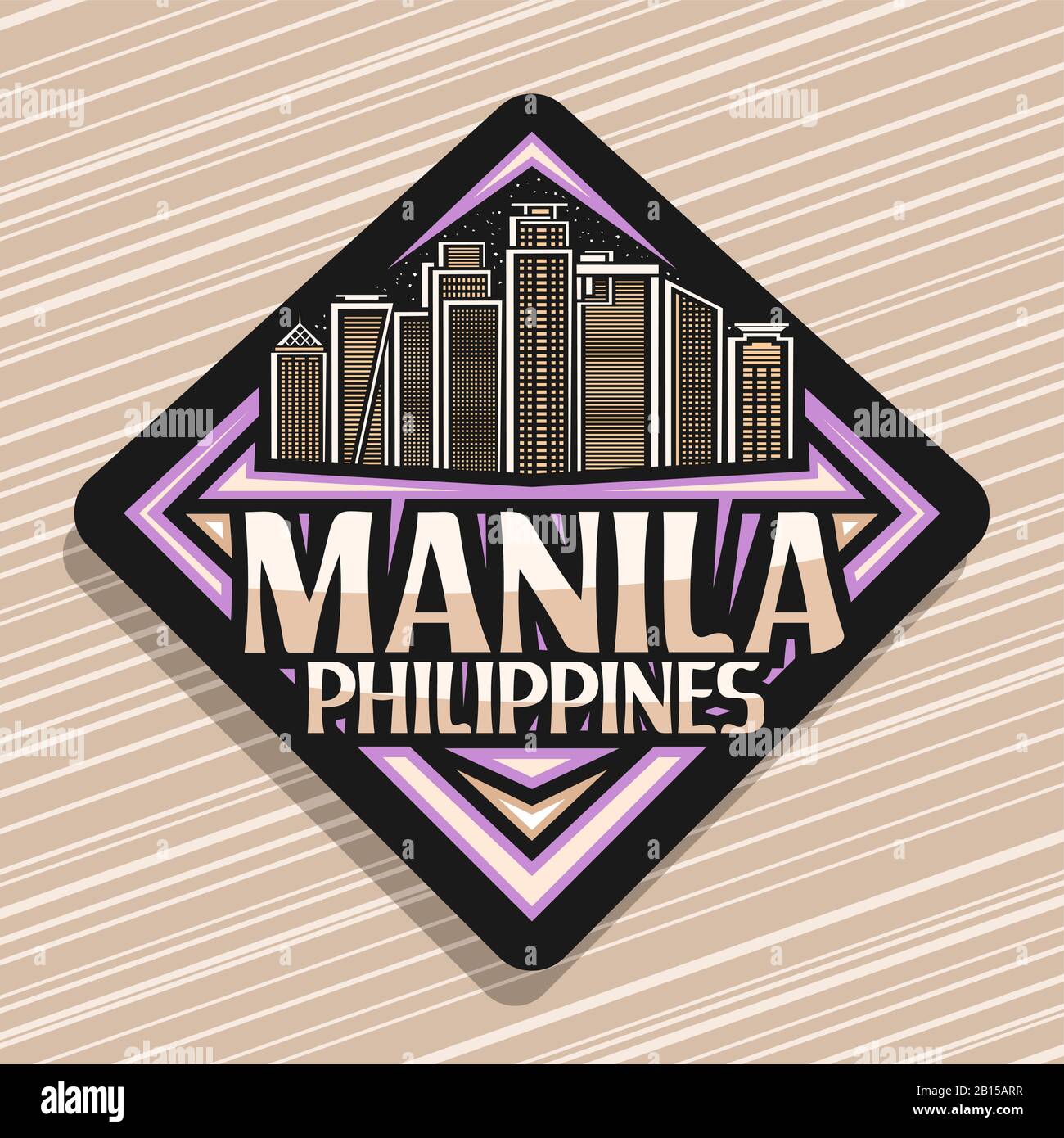 Vector Logo für Manila, schwarzer Rhombus-Aufkleber mit Umriss Illustration der berühmten manila-stadtlandschaft am Abendhimmel Hintergrund, Design Kühlschrank Magnet Wi Stock Vektor