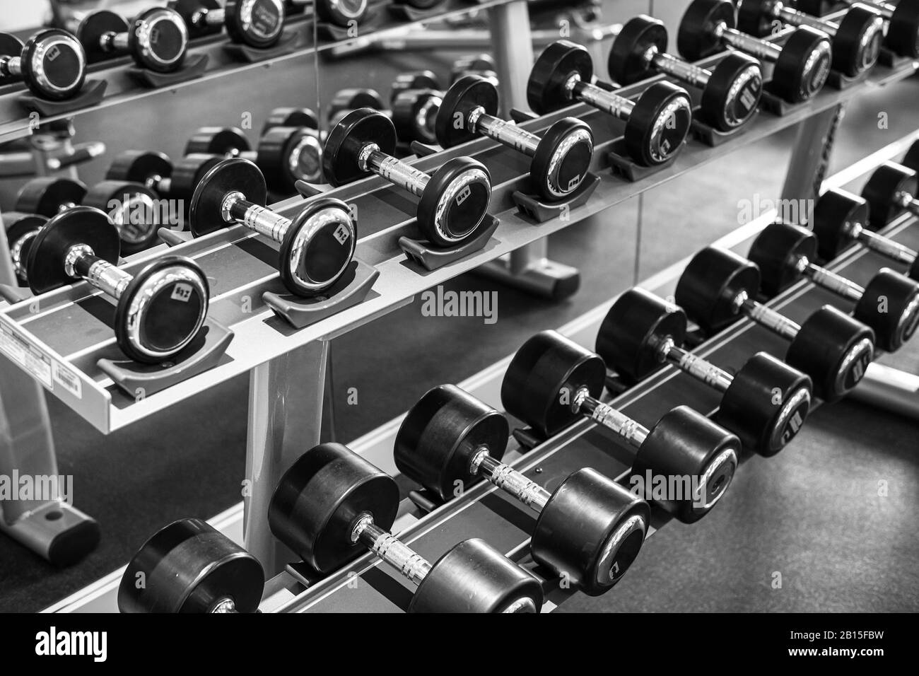 Set von verschiedenen Gewichts Kurzhanteln in der Turnhalle Stockfoto