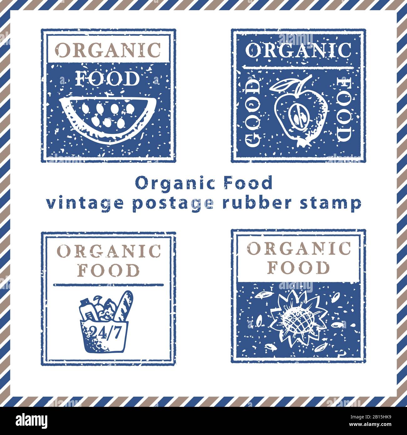 Set aus Vintage-Textur-Grunge-Lebensmittel-Liefergummistempeln mit Menüsymbolen in klassischen Blau- und Brauntönen. Für die Gestaltung der Postkarte, Werbung Stock Vektor