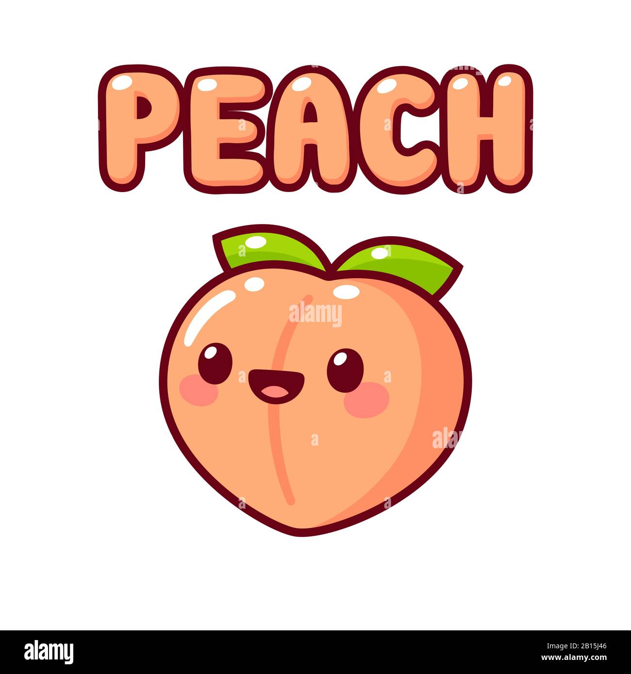 Süßer Cartoon-Pfirsich mit kawaii Gesicht und Text Schriftzug Peach. Einfaches, handgezeichnetes Doodle, isolierte Grafik für Vektorclips. Stock Vektor