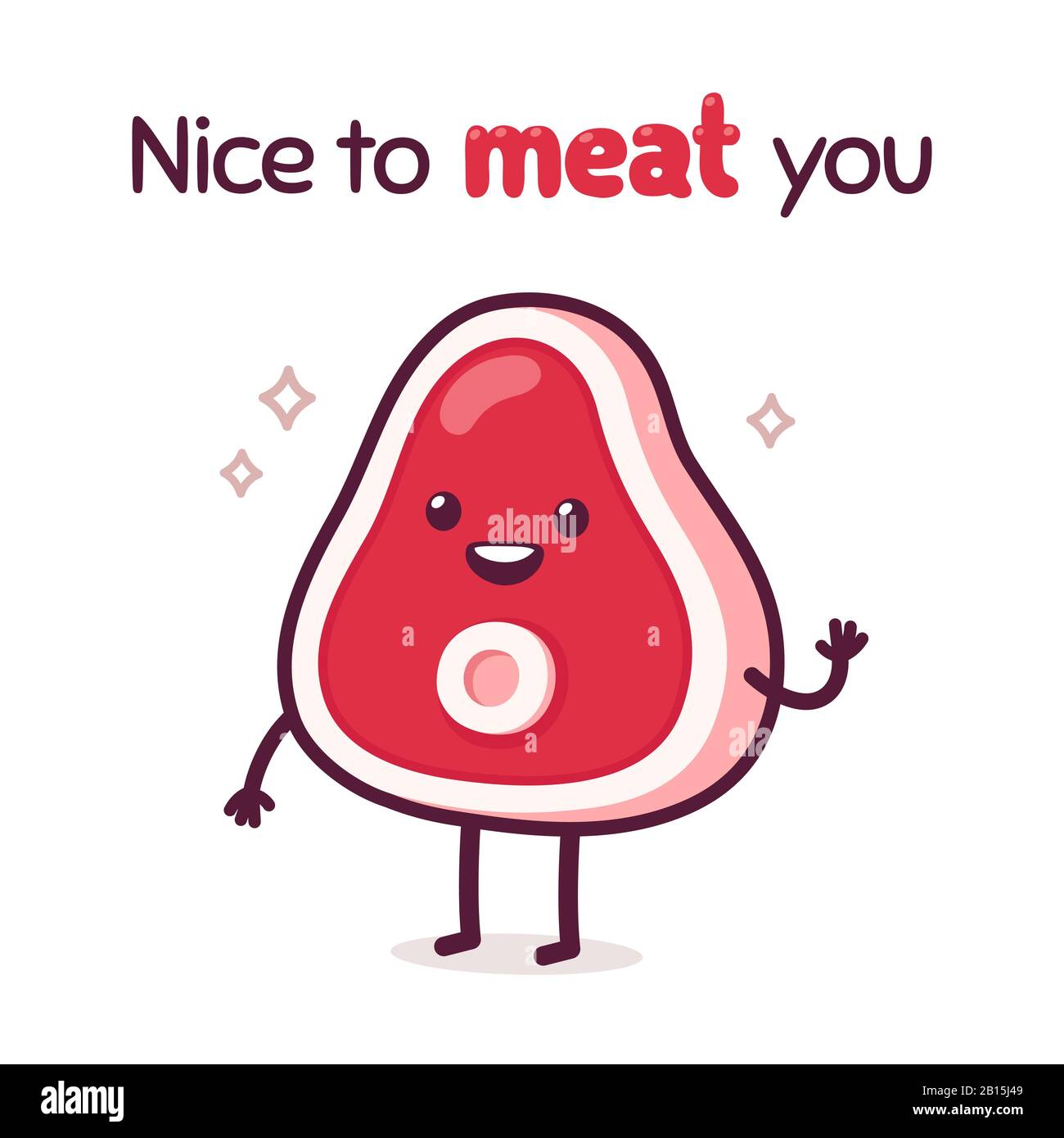 Süßes Cartoon-Stück Fleisch mit Text Nice To Meat You. Lustige Illustration von Speise, einfacher Steak-Charakter von Kawaii. Isolierter Vektorclip Art Drawi Stock Vektor