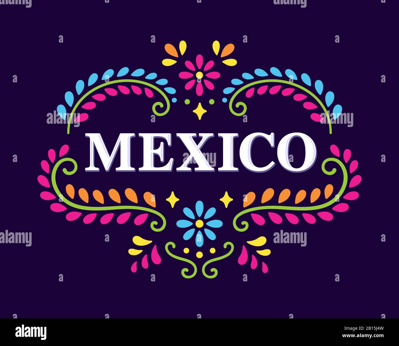 Text Mexiko mit wunderschönem Blumenschmuck aus traditionellen mexikanischen Stickmustern. Bunter ethnischer Design-Banner, Vektorgrafiken. Stock Vektor