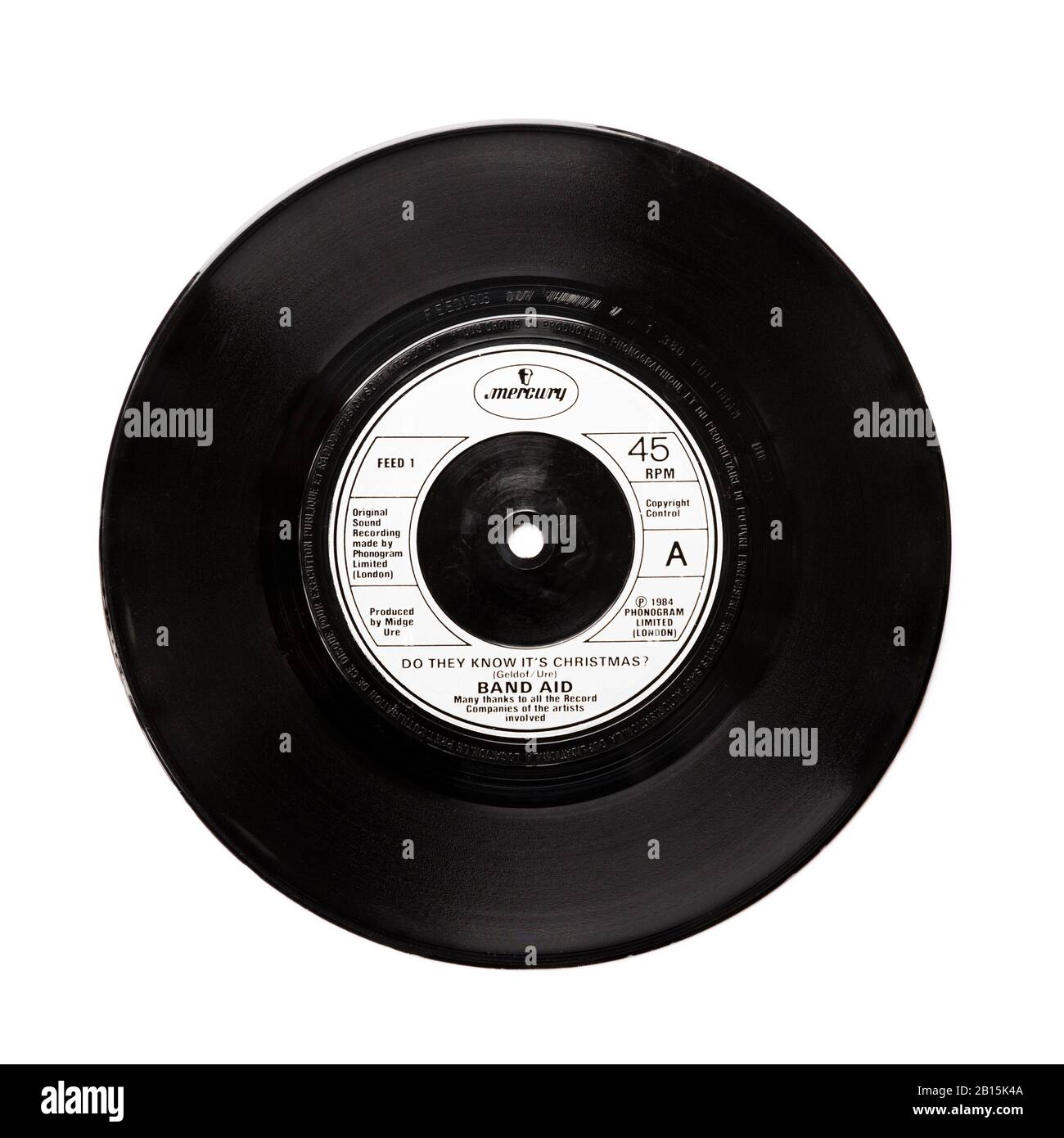 Old Original Phonogram Ltd Vinyl 45 RPM Schallplatte Do They Know It's Christmas by Band Aid 1984 isoliert auf weiß. Geldof und Ure Stockfoto